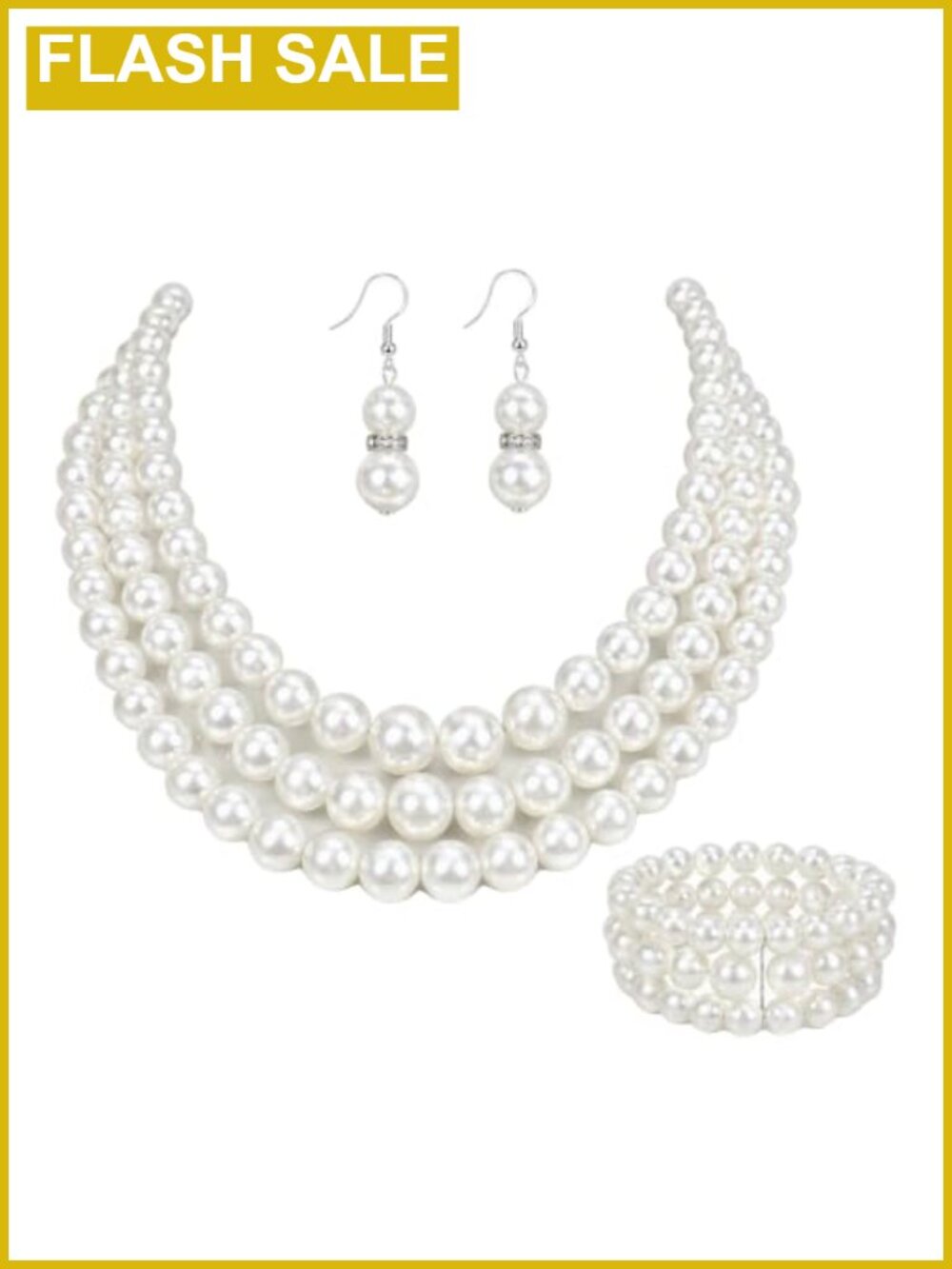 Layered Pearl Necklace Bracelet Earring Set Women Silver Clasp Adjustable 18"